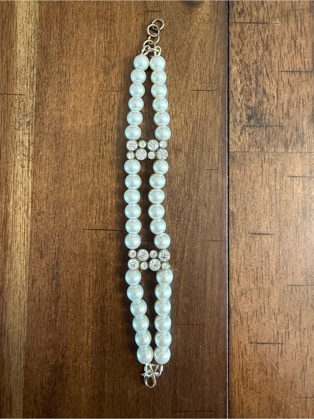 Pearl and Rhinestone Double-Strand Bracelet - White